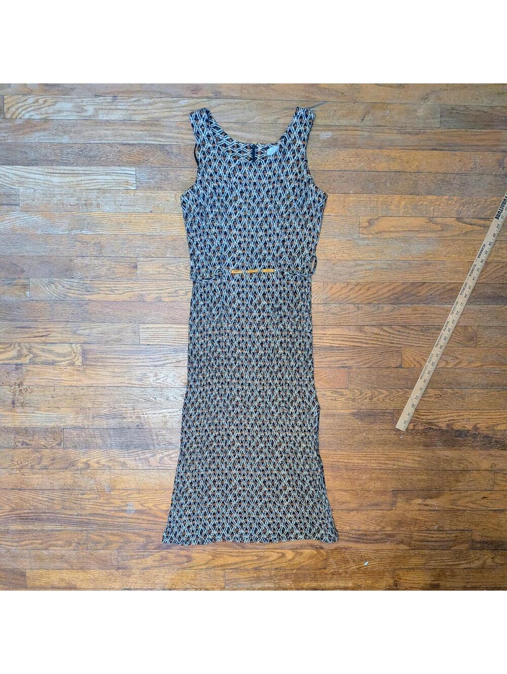 90s Earthy Diamond Lattice Stretch Midi Dress Wi Tiger's Eye Gemstone Belt Small